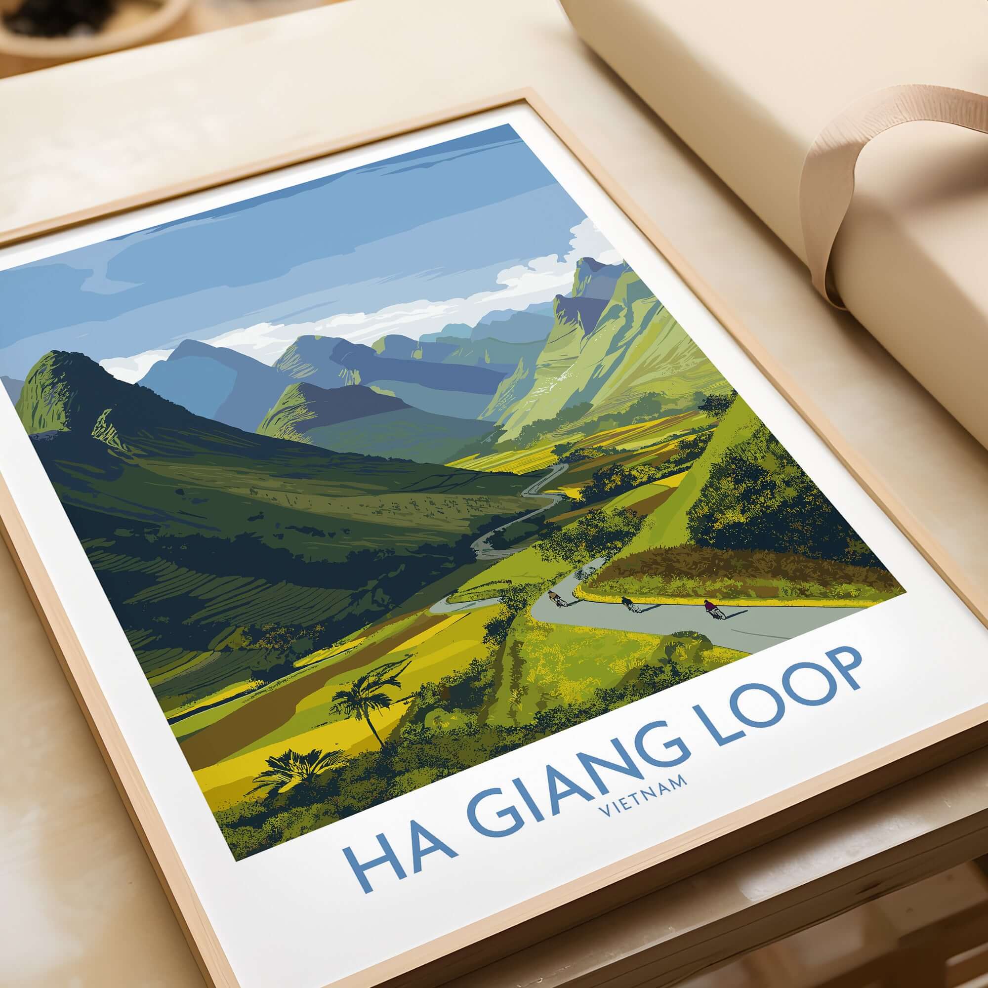 Vietnam Ha Giang Loop Landscape Poster Motorbike Valley Print River Travel Wall Art with a scenic view of green hills.