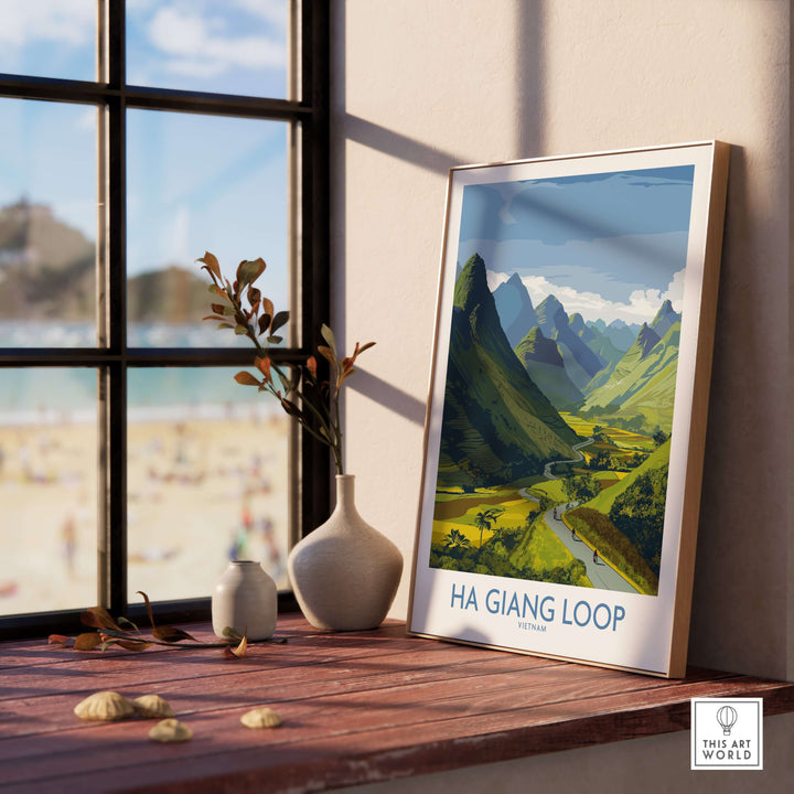 Ha Giang Loop landscape poster featuring green hills and river, showcasing Vietnam's natural beauty and travel inspiration.