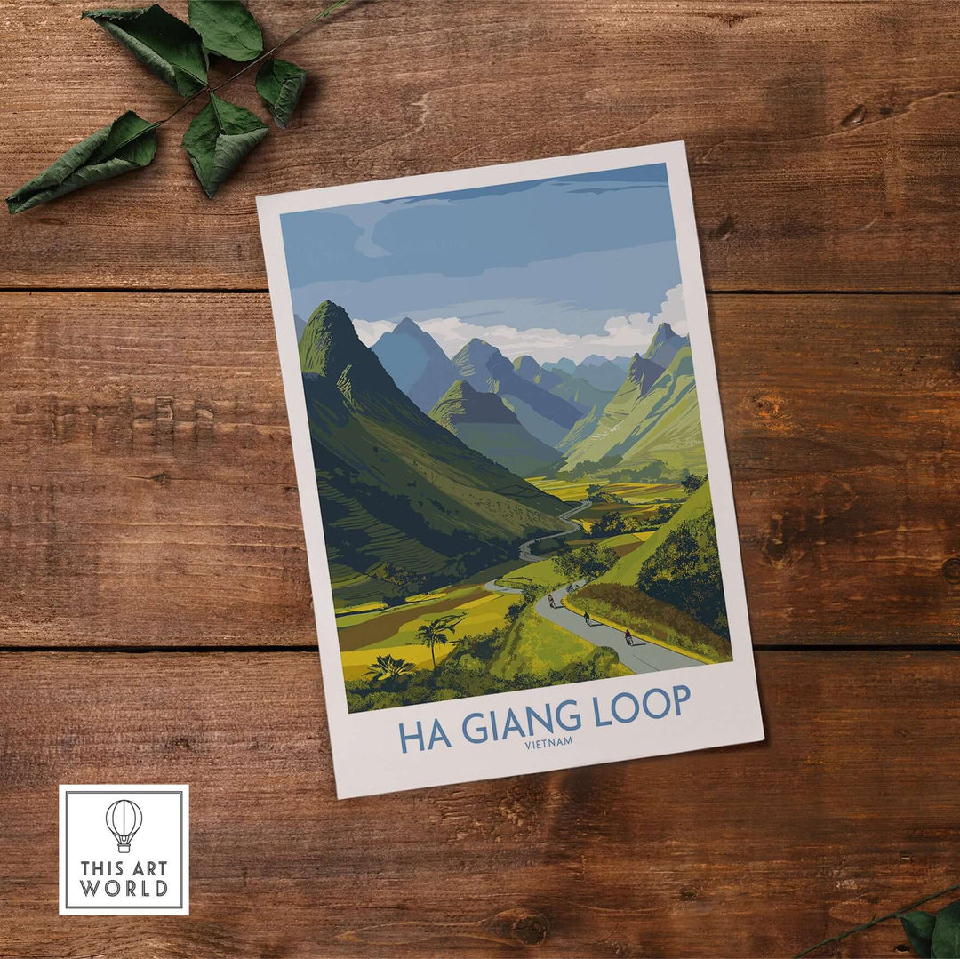 Ha Giang Loop landscape poster featuring green hills and river, a scenic travel art print of Vietnam.