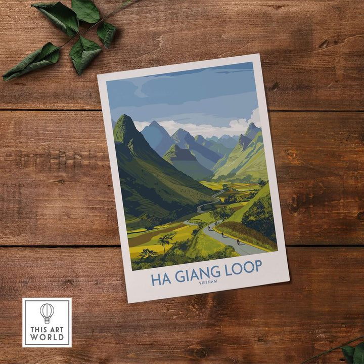 Ha Giang Loop landscape poster featuring green hills and river, a scenic travel art print of Vietnam.