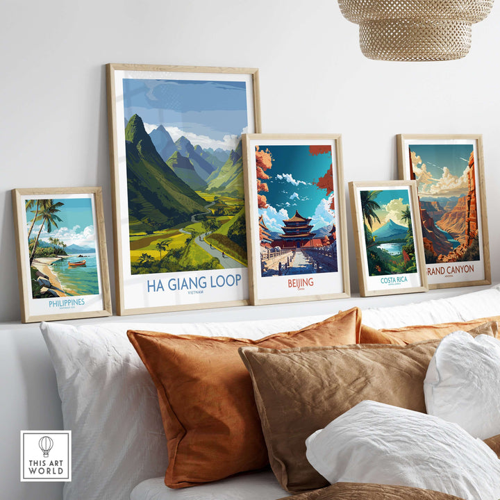 Stylish wall art display featuring Ha Giang Loop poster and travel prints of Philippines, Beijing, Costa Rica, and Grand Canyon.