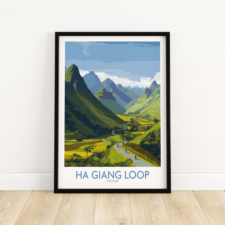 Scenic Ha Giang Loop landscape poster showcasing green hills and a winding river in Vietnam.