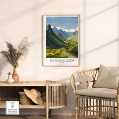 Vietnam Ha Giang Loop Landscape Poster Motorbike Valley Print River Travel Wall Art displayed in a modern interior.