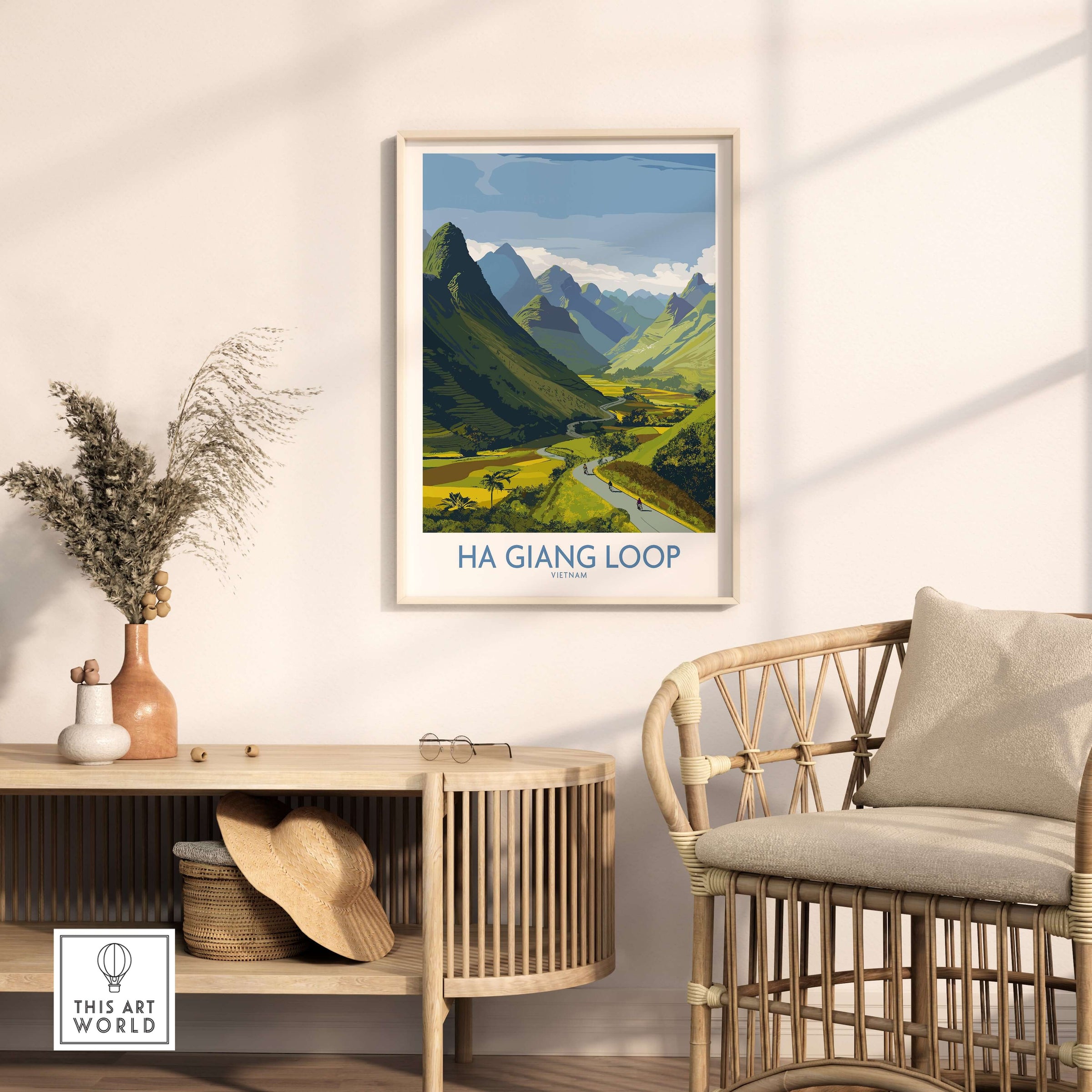 Vietnam Ha Giang Loop Landscape Poster Motorbike Valley Print River Travel Wall Art displayed in a modern interior.
