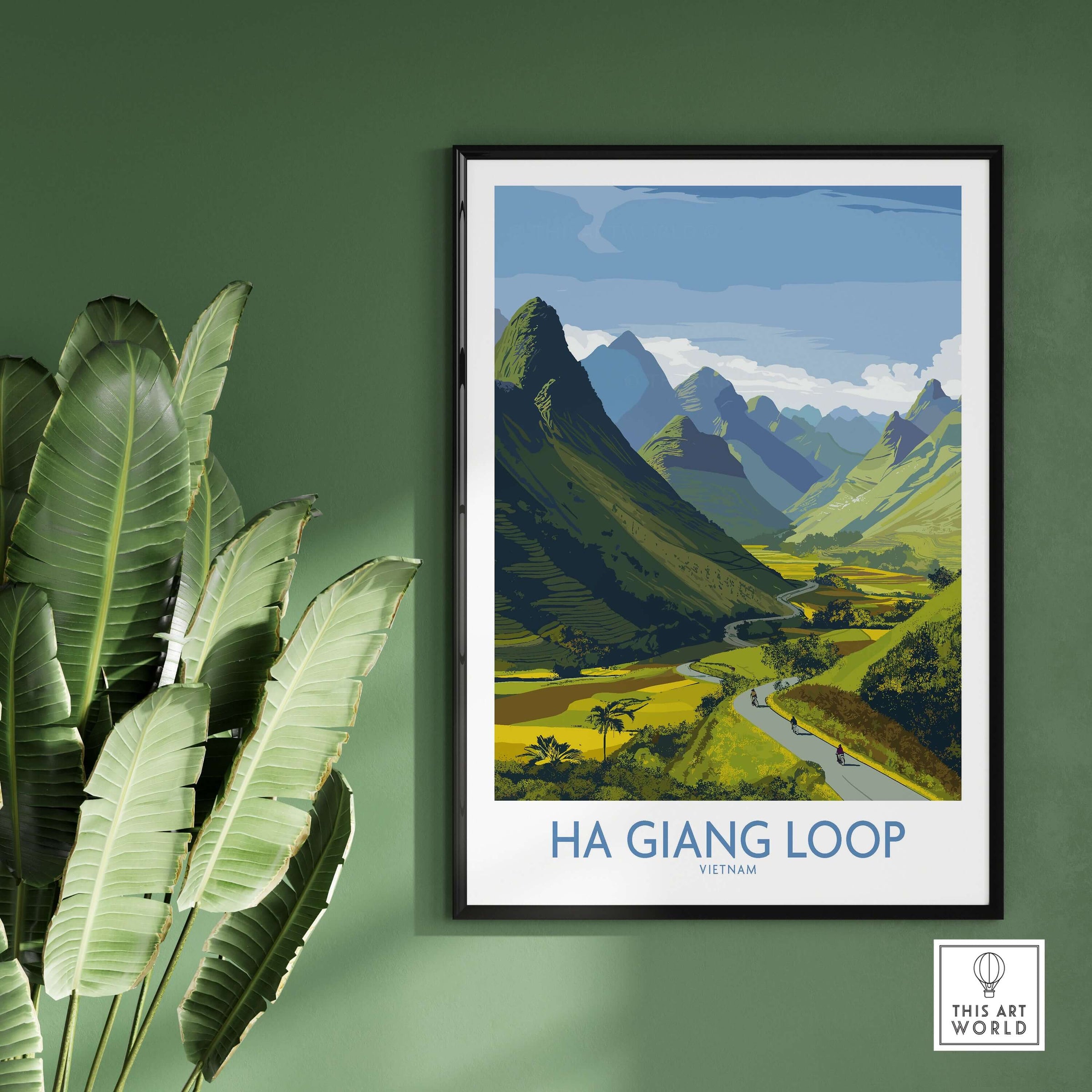 Vietnam Ha Giang Loop Landscape Poster Motorbike Valley Print River Travel Wall Art showcasing stunning green valleys.
