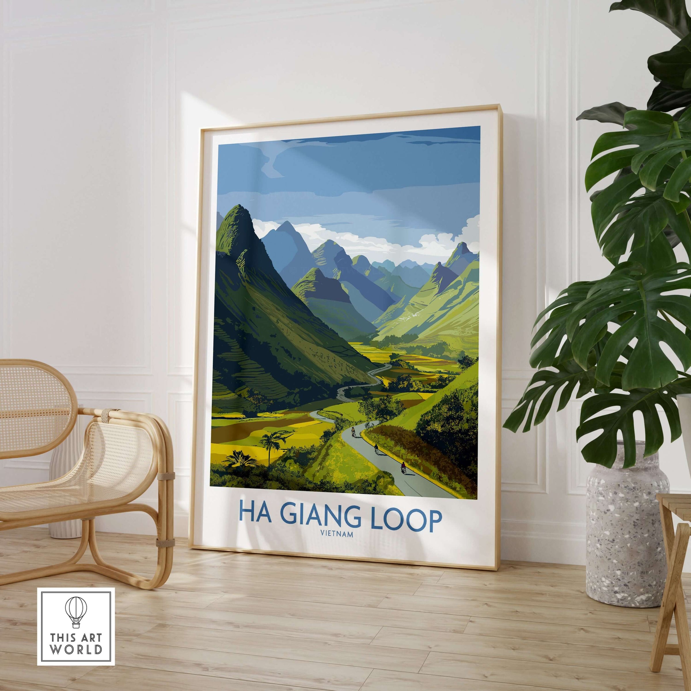 Vietnam Ha Giang Loop Landscape Poster Motorbike Valley Print River Travel Wall Art displayed in a modern home interior