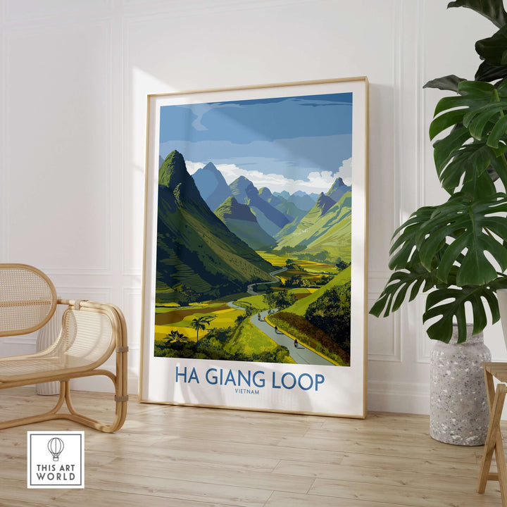 Ha Giang Loop poster featuring lush green hills, a winding river, and mountainous landscape in Vietnam.