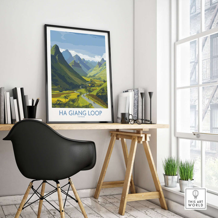 Ha Giang Loop landscape poster framed in a modern office, showcasing lush valleys and mountains.