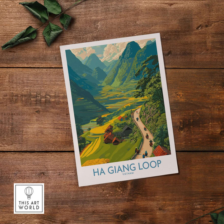 Ha Giang Loop poster featuring motorbike travelers in a vibrant valley, ideal for wall art decor.