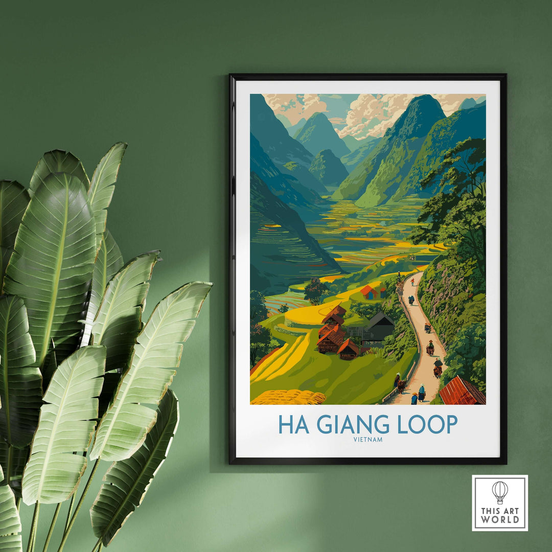 Vibrant Ha Giang Loop poster featuring motorbike travelers, valleys, and mountains, ideal Southeast Asian wall art.