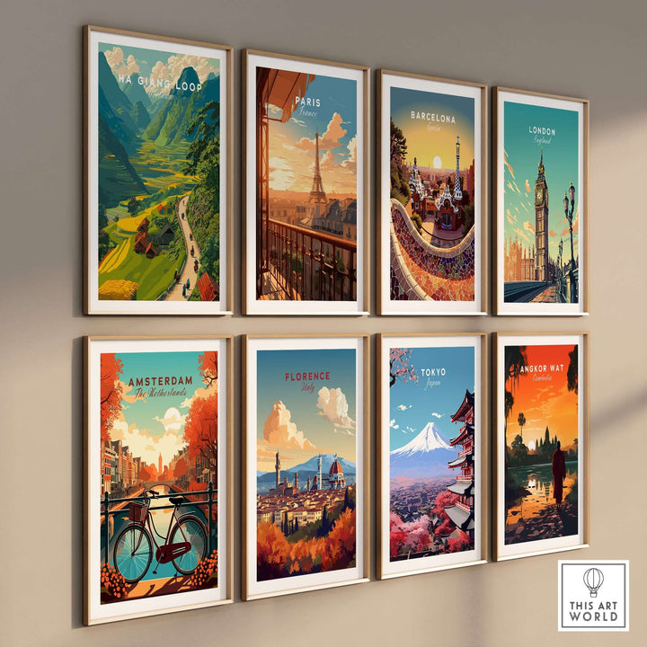 Gallery of vibrant travel prints featuring iconic cities and landscapes including Ha Giang Loop and famous landmarks.