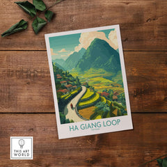 Ha Giang Loop Vietnam Valley Village Travel Print Motorbikes Poster Mountain Scenery showcasing vibrant rice fields and hills.