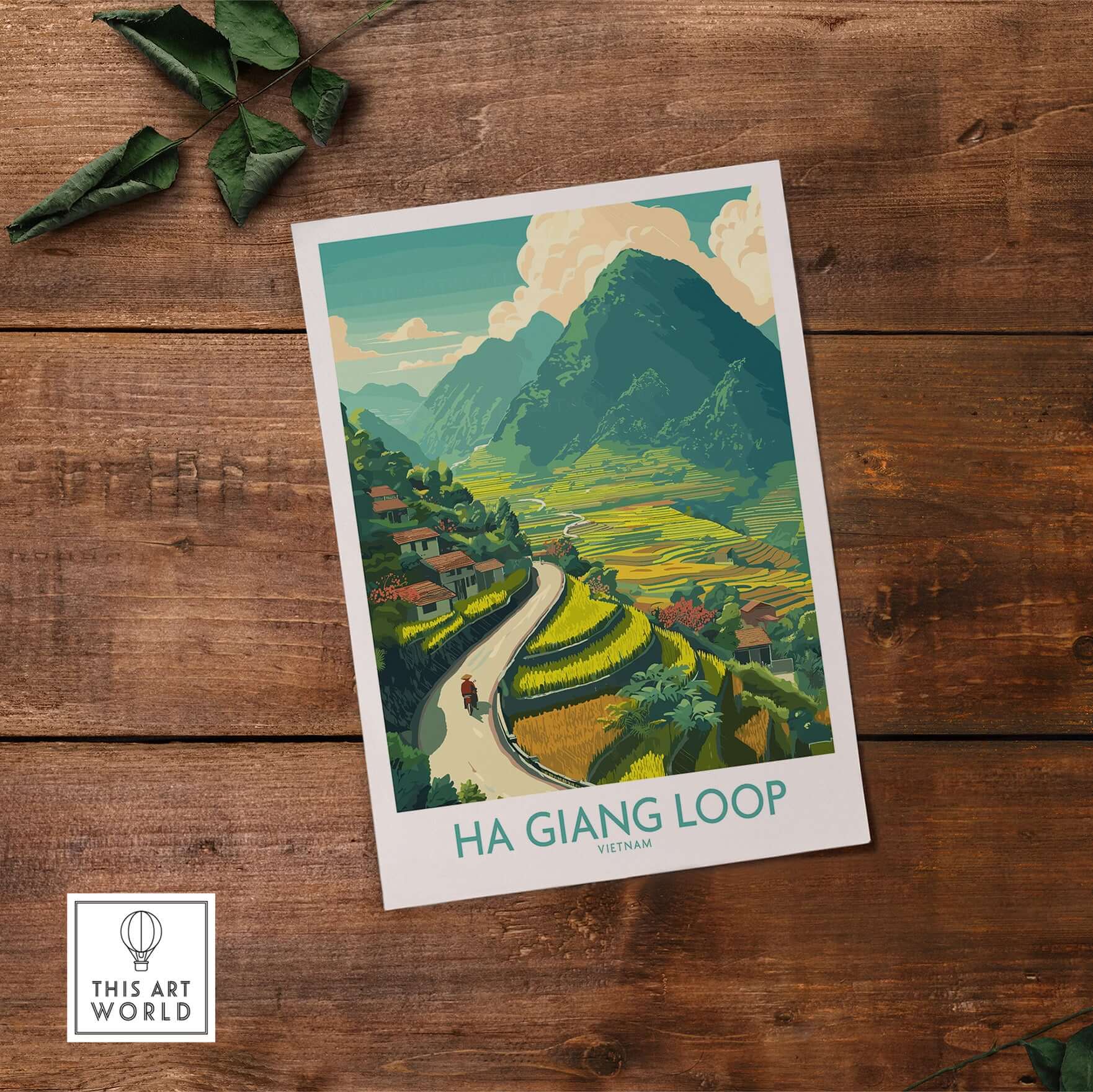 Ha Giang Loop Vietnam Valley Village Travel Print Motorbikes Poster Mountain Scenery showcasing vibrant rice fields and hills.