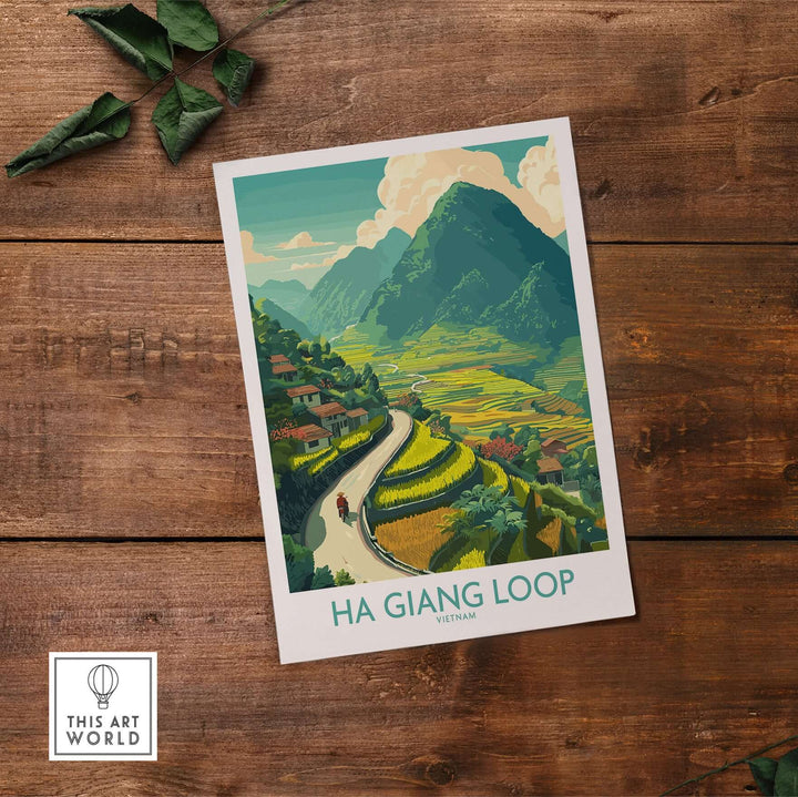 Ha Giang Loop Vietnam poster featuring terraced rice fields, mountains, and a motorcyclist on a winding road.