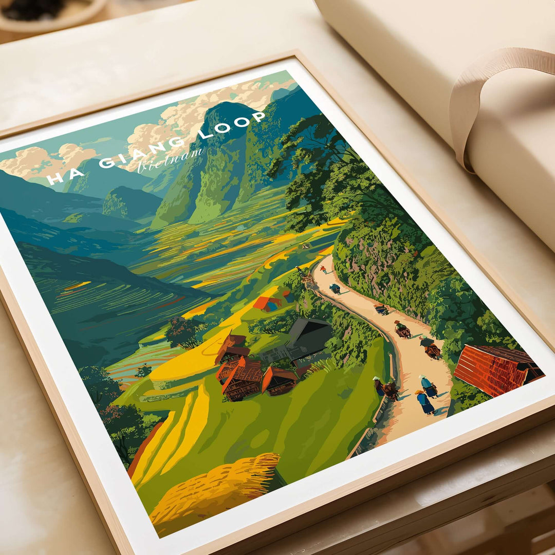 Ha Giang Loop Vietnam travel print poster featuring motorbikes through lush valleys and mountains.
