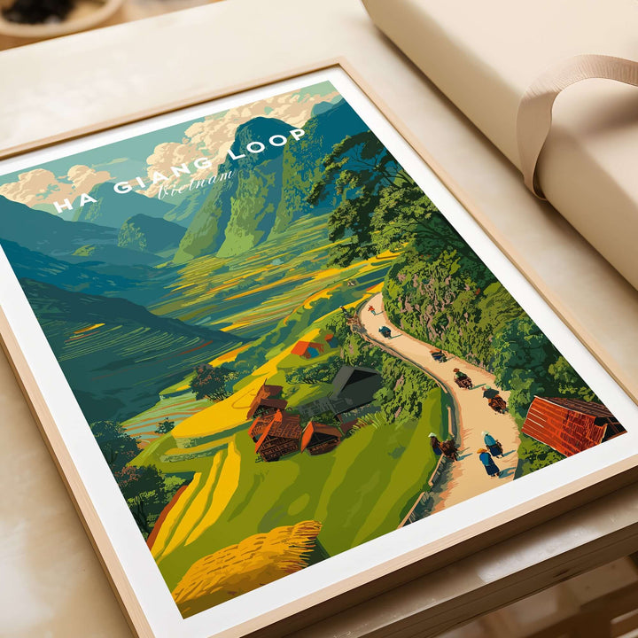 Ha Giang Loop Vietnam travel print poster featuring motorbikes through lush valleys and mountains.