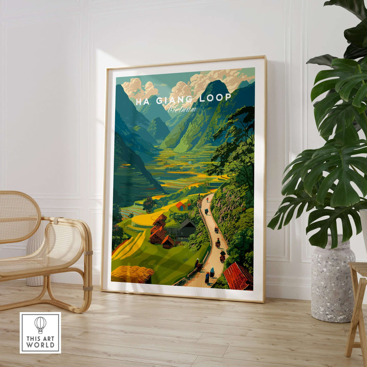 Ha Giang Loop Vietnam travel print featuring motorbikes in a lush valley with mountains, perfect for wall art.