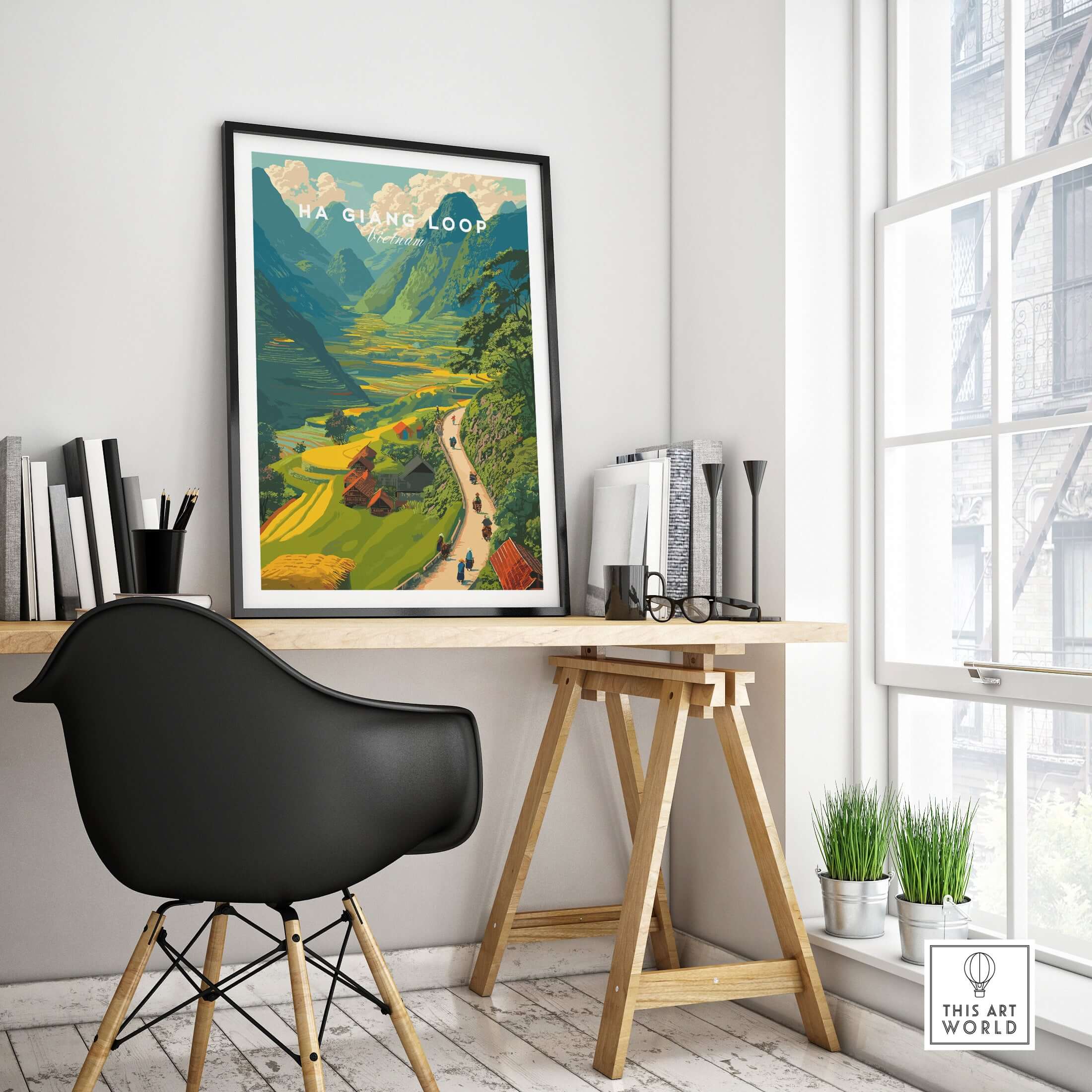 Ha Giang Loop Vietnam Valley Village Travel Print Motorbikes Poster Mountain Scenery displayed in a modern workspace.