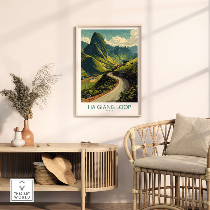 Ha Giang Loop poster featuring a winding road and lush mountain scenery, perfect for travel landscape wall art.