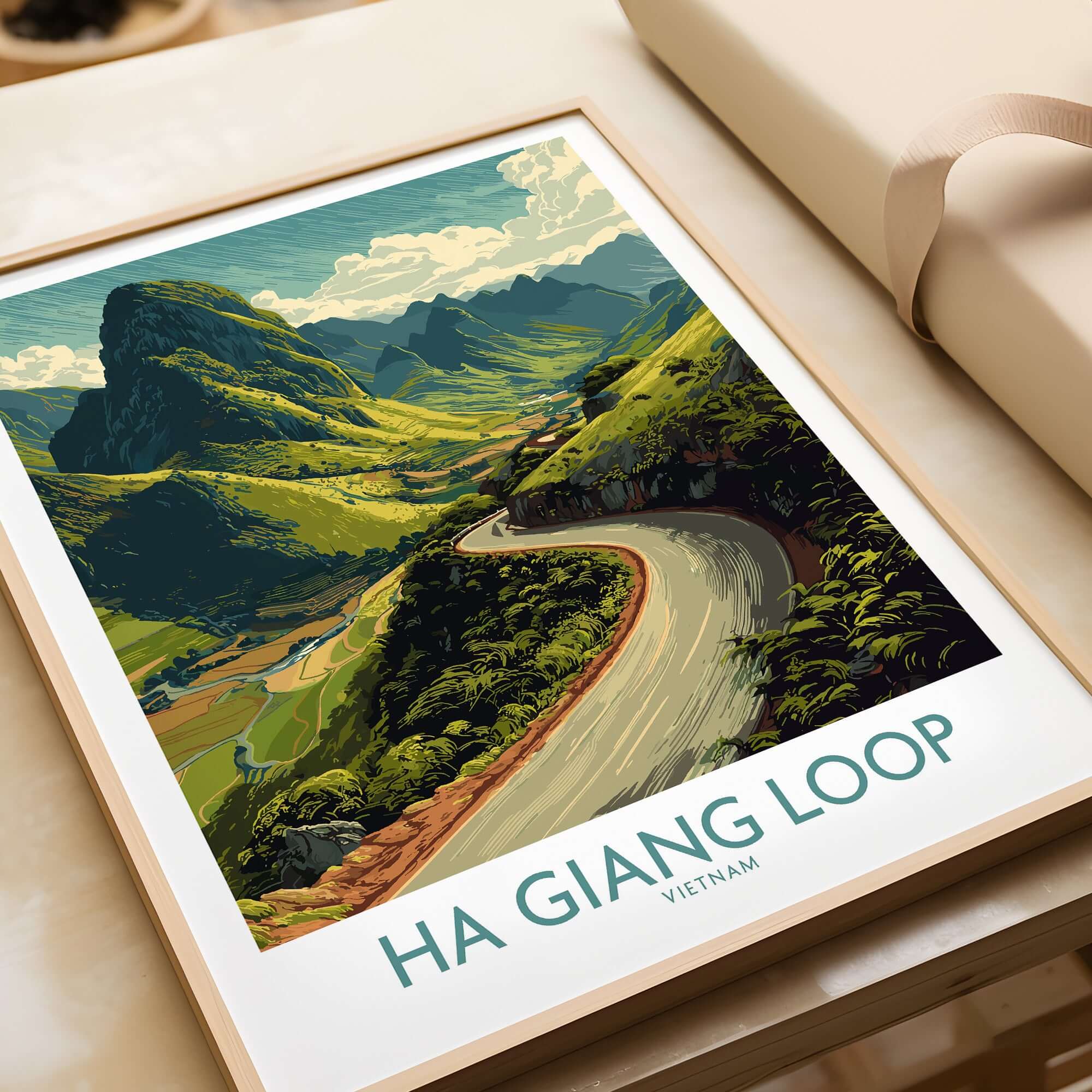 Vietnam Ha Giang Loop Curve Poster Mountain Peak Print Travel Landscape Wall Art Road showcasing a scenic winding mountain road.