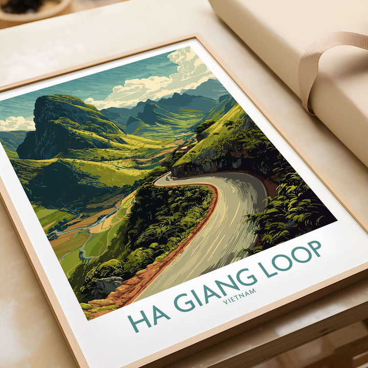 Ha Giang Loop landscape poster featuring winding road and lush mountains in Vietnam, perfect for travel wall art.