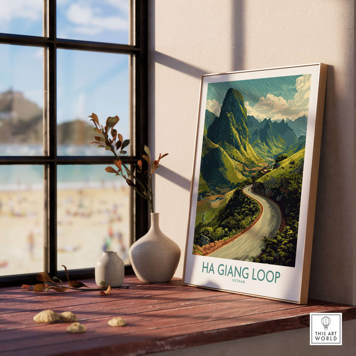 Vietnam Ha Giang Loop poster featuring a winding road and lush mountainside landscape, perfect wall art for travel lovers.