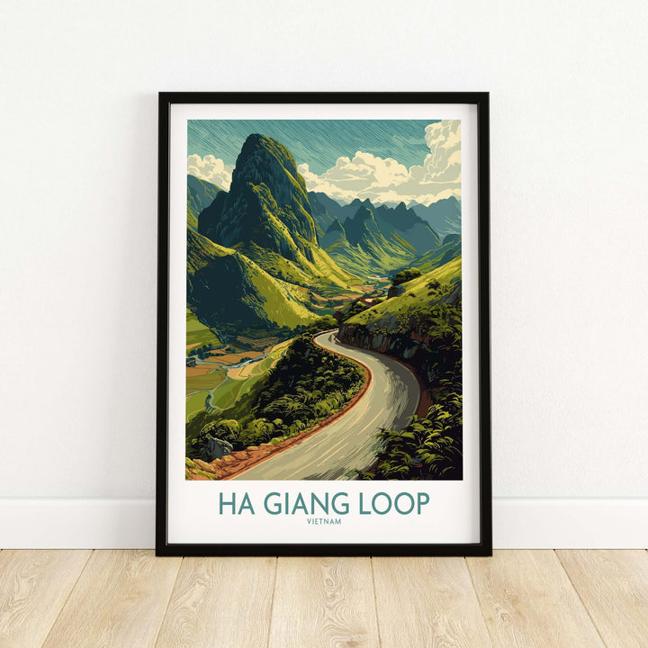 Vietnam Ha Giang Loop poster showcasing a winding road and lush mountain landscape in vibrant colors.