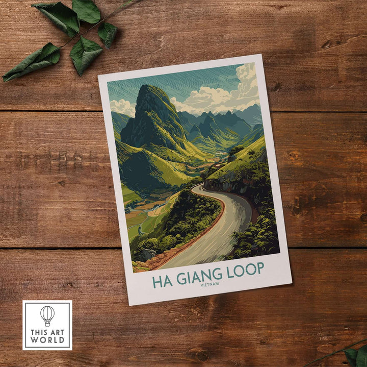 Ha Giang Loop poster showcasing a winding road and mountainous landscape in Vietnam, perfect for travel wall art.