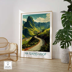 Vietnam Ha Giang Loop Curve Poster Mountain Peak Print Travel Landscape Wall Art Road in a stylish interior setting.
