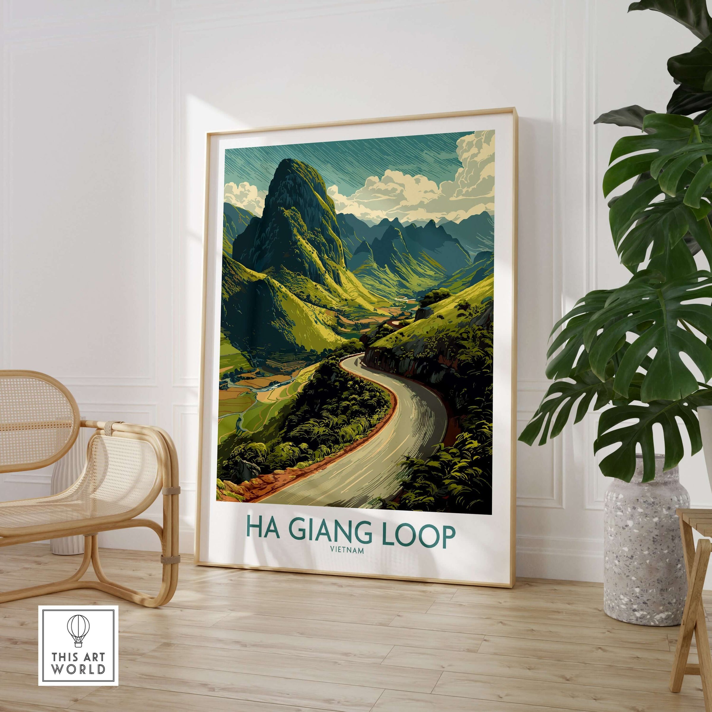 Vietnam Ha Giang Loop Curve Poster Mountain Peak Print Travel Landscape Wall Art Road in a stylish interior setting.