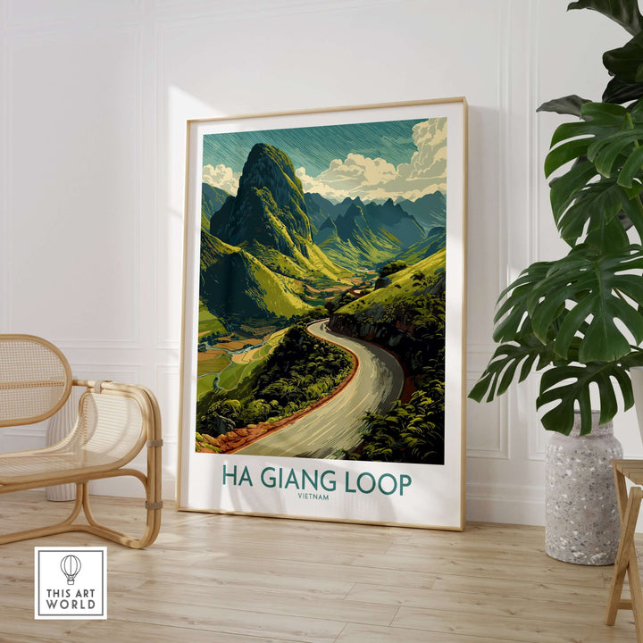 Ha Giang Loop poster showcasing mountainous landscape and winding road in Vietnam, perfect for travel enthusiasts.