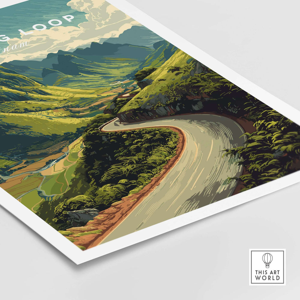 Ha Giang Loop travel poster featuring winding road through lush mountains in Vietnam, capturing natural beauty and adventure.