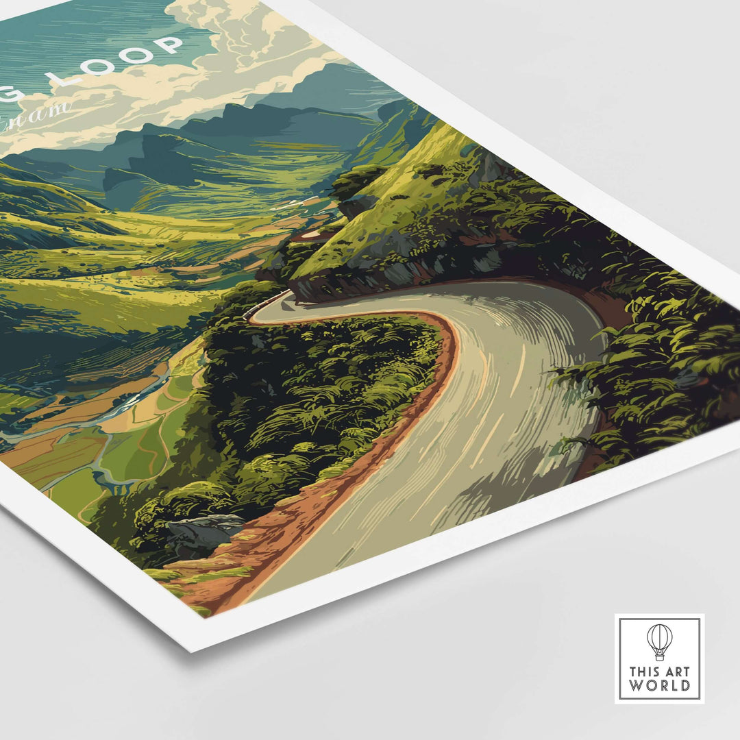 Ha Giang Loop travel poster featuring winding road through lush mountains in Vietnam, capturing natural beauty and adventure.