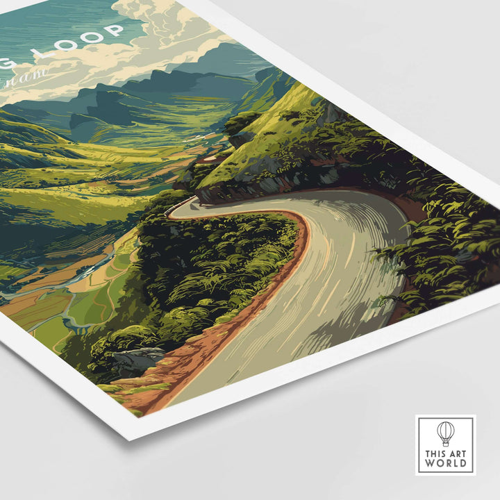 Ha Giang Loop travel poster featuring winding road through lush mountains in Vietnam, capturing natural beauty and adventure.