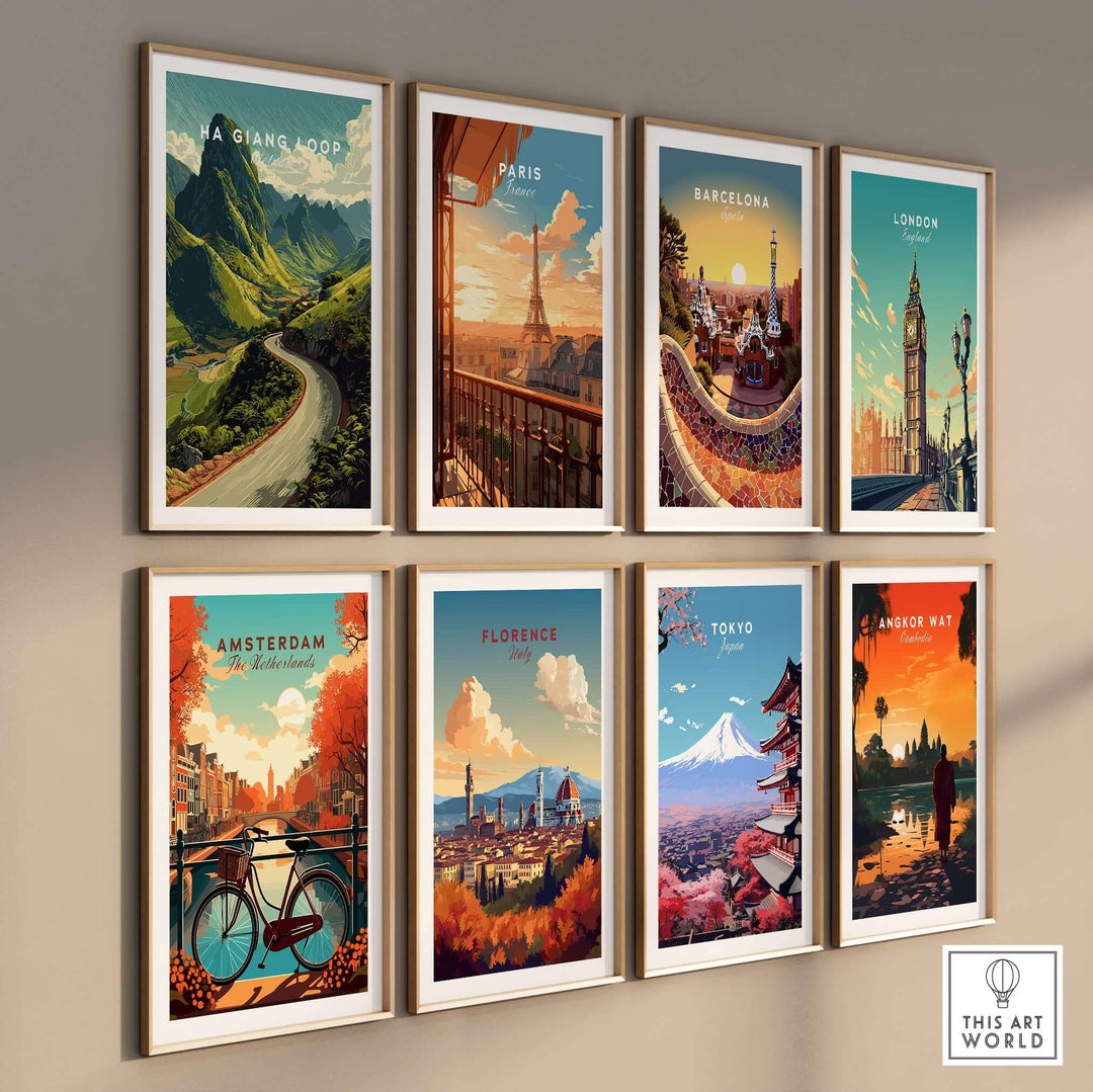 Collection of vibrant travel posters featuring Ha Giang Loop, Paris, Barcelona, London, Amsterdam, Florence, Tokyo, Angkor Wat.