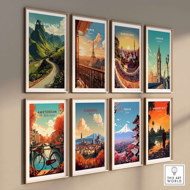 Collection of vibrant travel posters featuring Ha Giang Loop, Paris, Barcelona, London, Amsterdam, Florence, Tokyo, Angkor Wat.