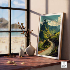 Ha Giang Loop Vietnam Mountain Road Travel Poster Print Landscape Wall Art displayed on a windowsill with a scenic view.