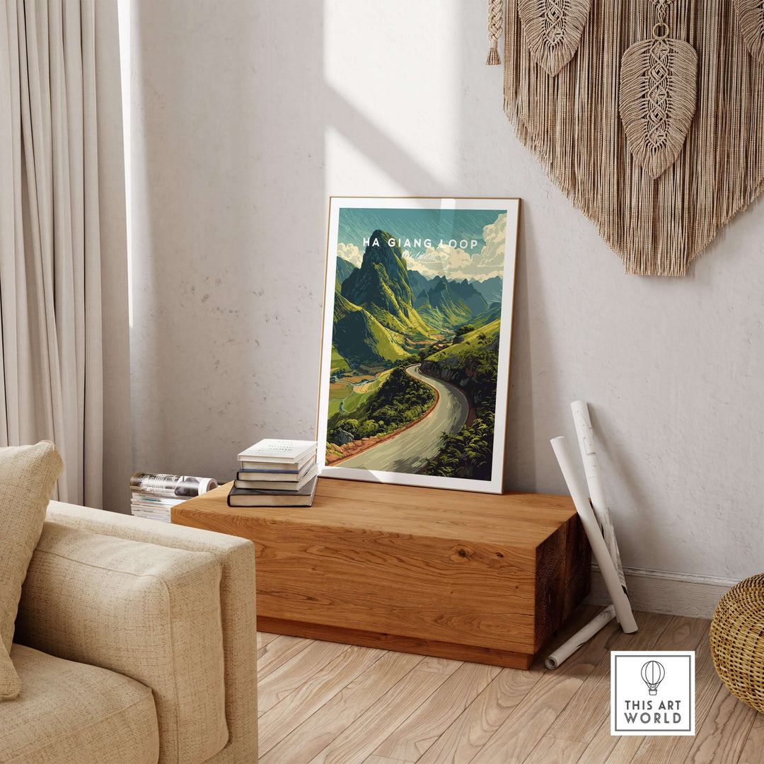 Ha Giang Loop Vietnam travel poster showcasing winding mountain road and lush greenery in a cozy living space.