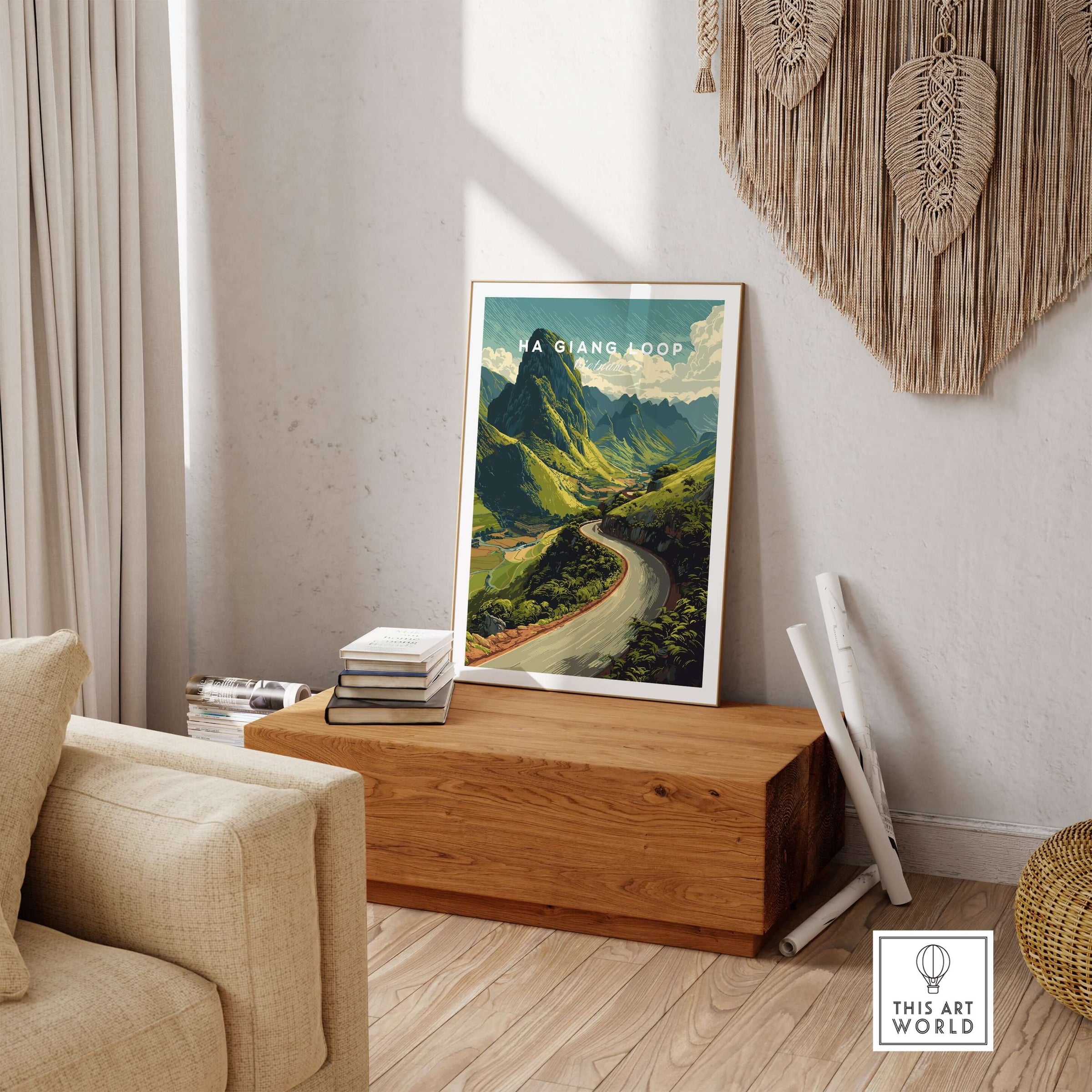 Ha Giang Loop Vietnam Mountain Road Travel Poster Print Landscape Wall Art displayed in a cozy living room setting.