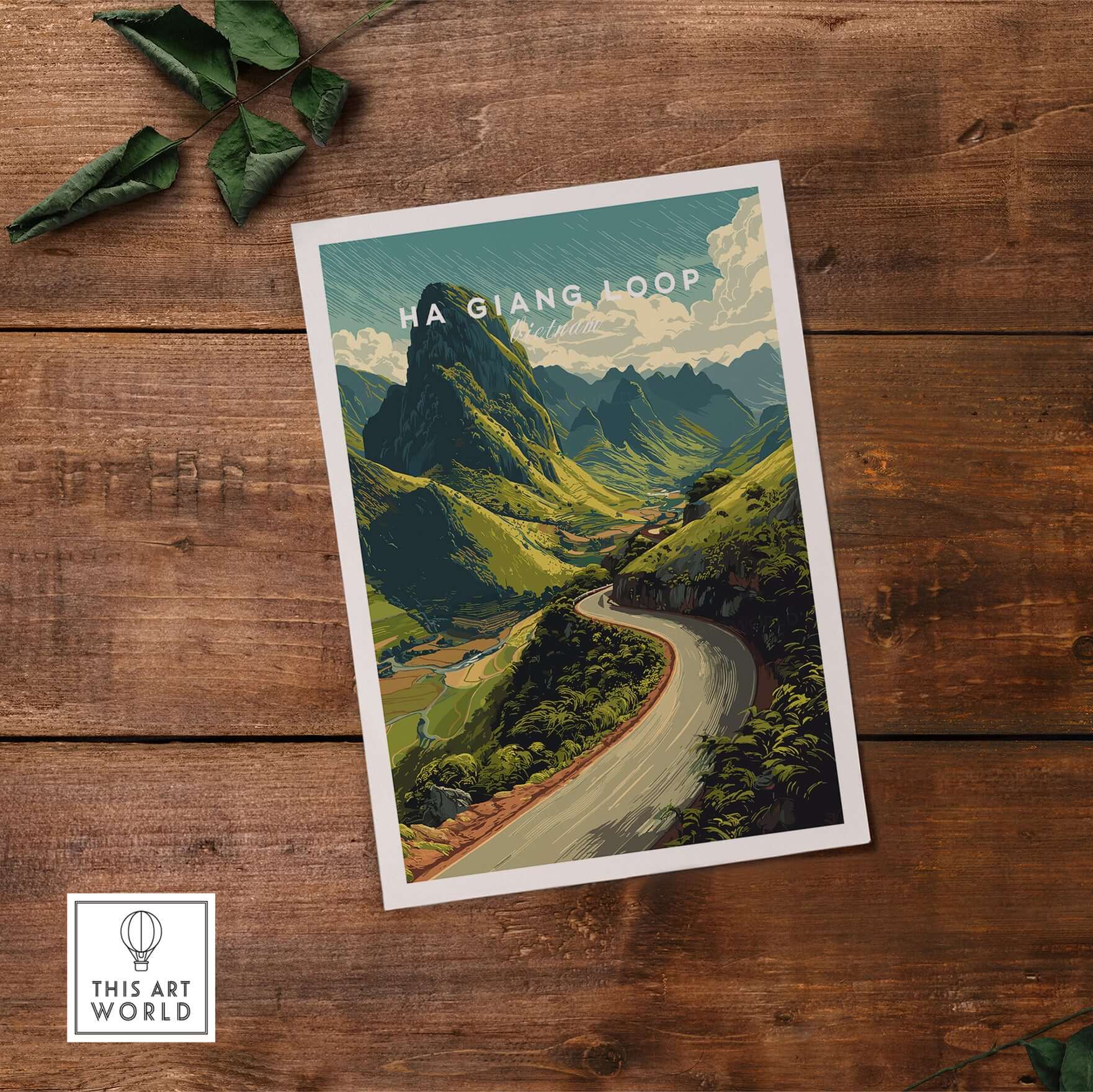 Ha Giang Loop Vietnam Mountain Road Travel Poster Print Landscape Wall Art featuring a winding road and green mountains.