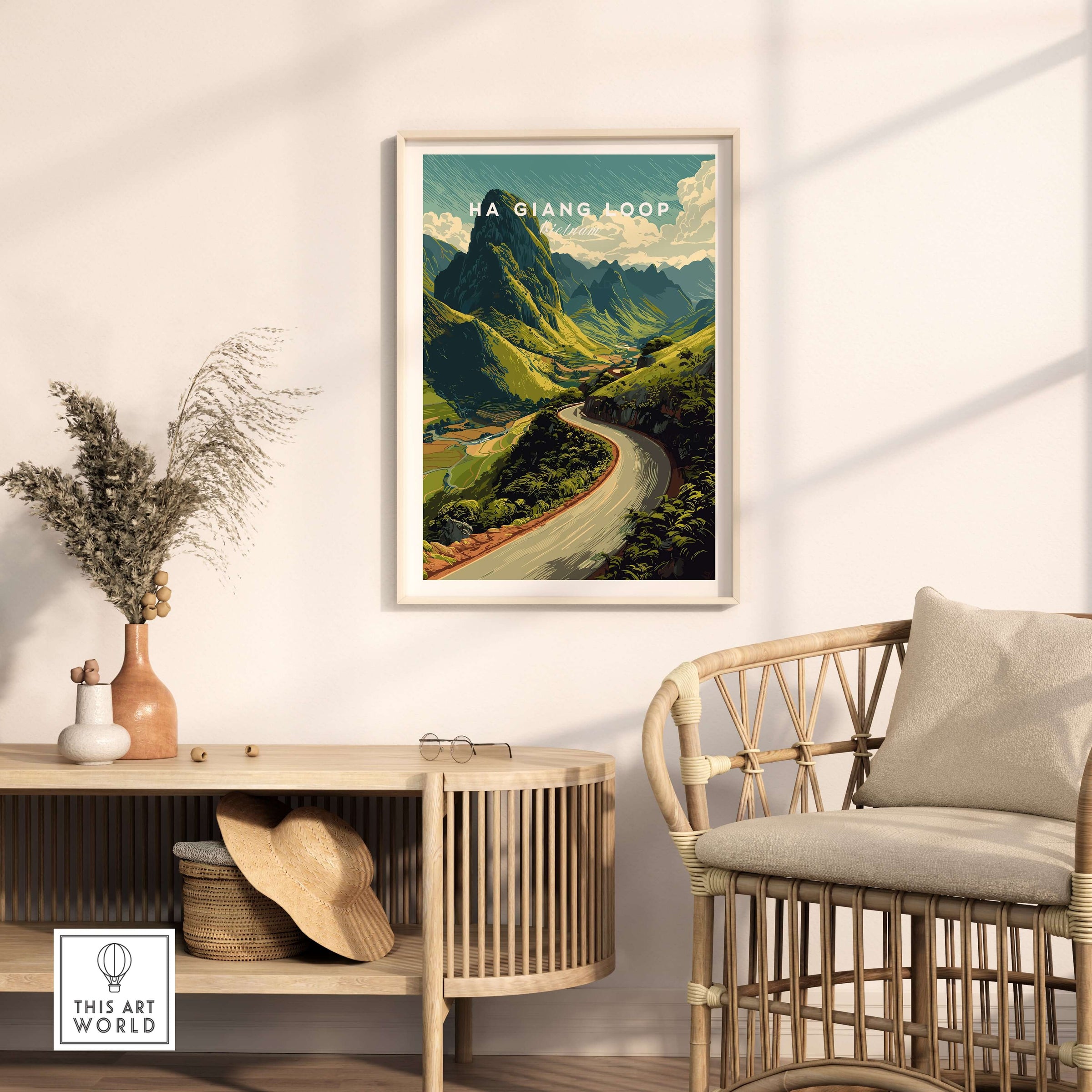 Ha Giang Loop Vietnam Mountain Road Travel Poster Print Landscape Wall Art featuring winding road and dramatic mountains.