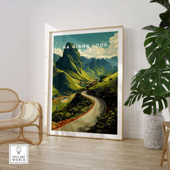 Ha Giang Loop Vietnam Mountain Road Travel Poster Print Landscape Wall Art displayed in a cozy interior with green mountains background.