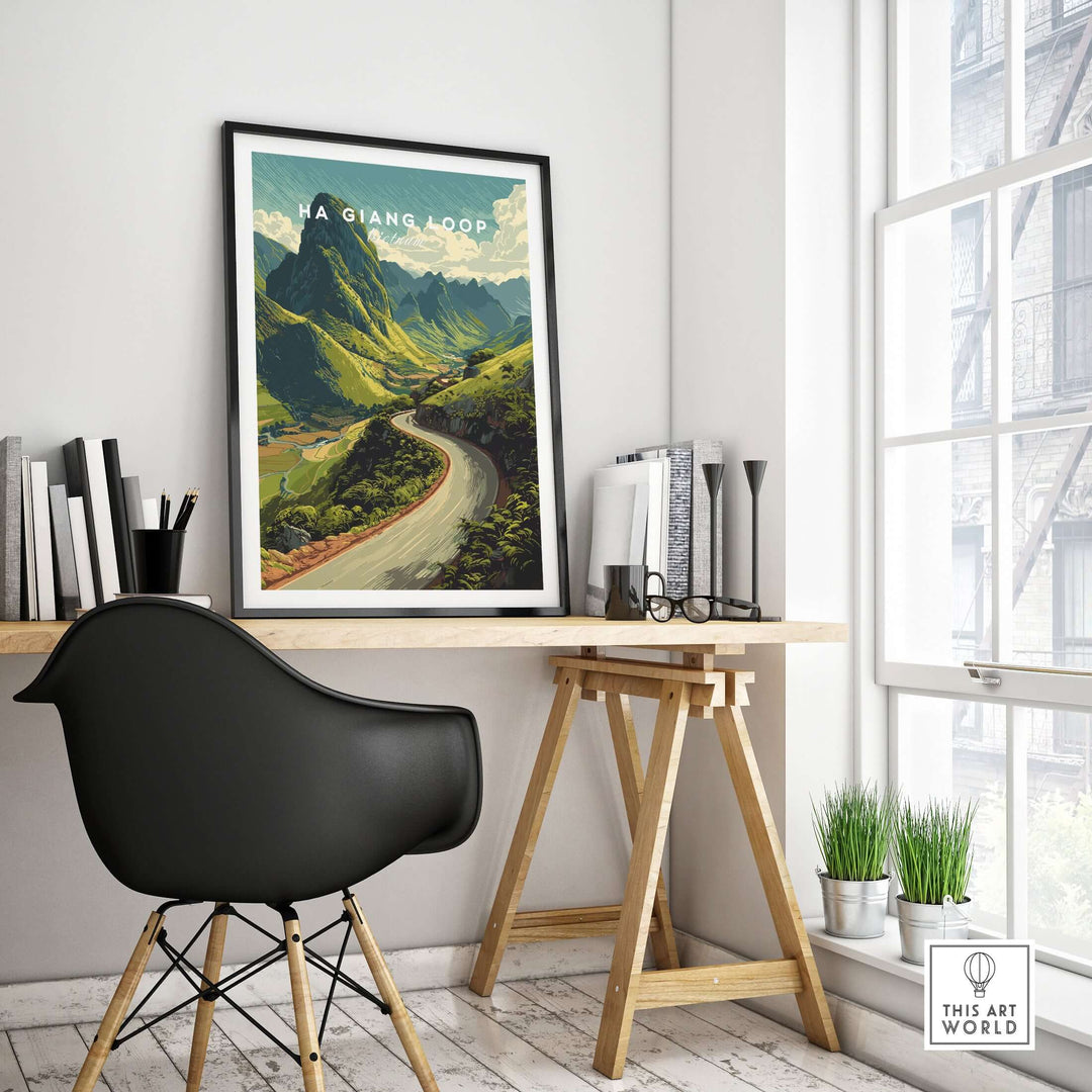 Ha Giang Loop Vietnam travel poster print displayed in a modern workspace, capturing lush mountain landscapes and winding roads.