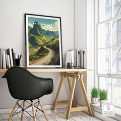 Ha Giang Loop Vietnam Mountain Road Travel Poster Print Landscape Wall Art displayed in a modern interior setting.