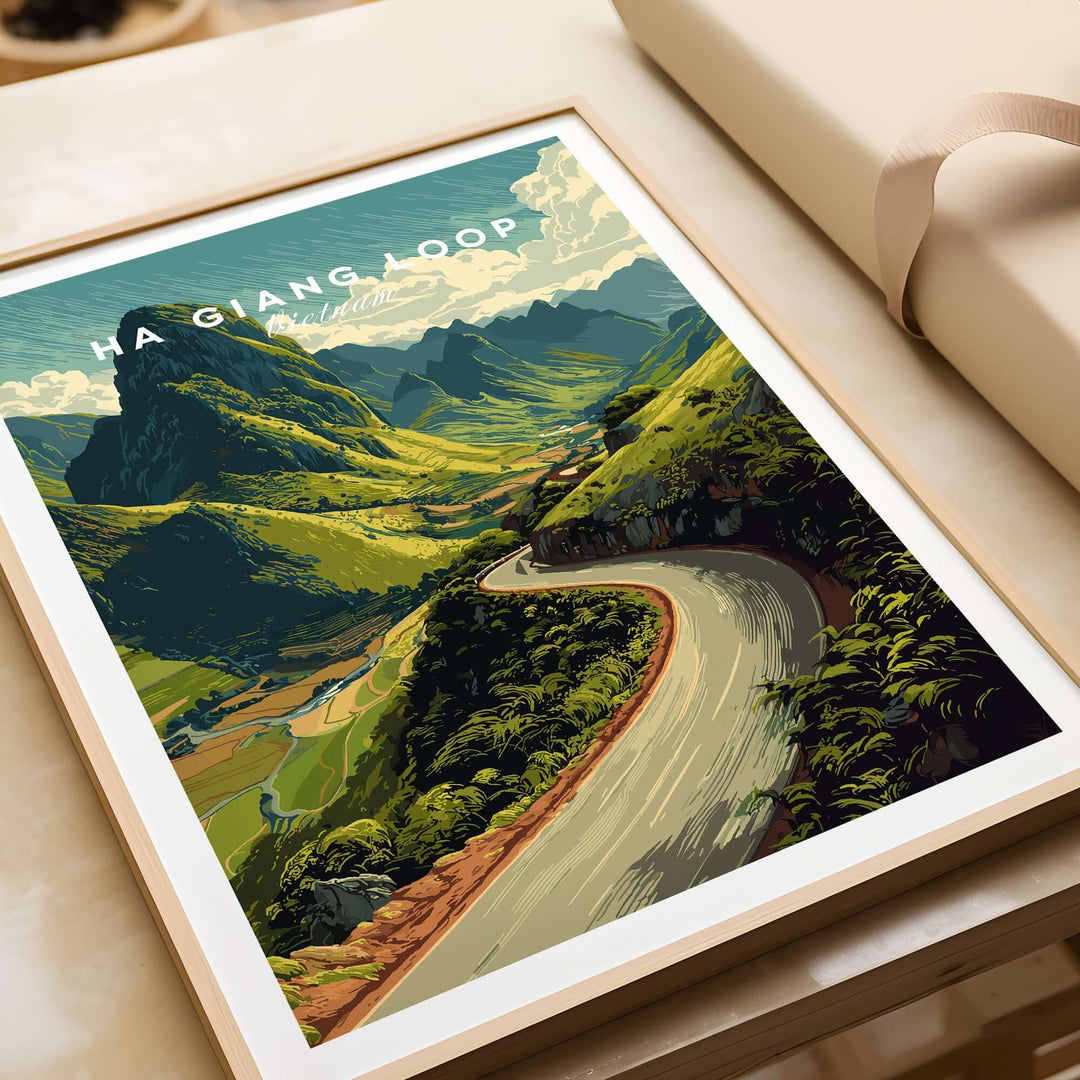 Ha Giang Loop Vietnam mountain road travel poster print showcasing lush green landscape and winding road.