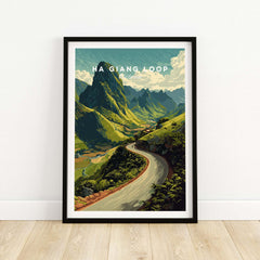 Ha Giang Loop Vietnam Mountain Road Travel Poster Print Landscape Wall Art featuring scenic winding road and lush mountains.