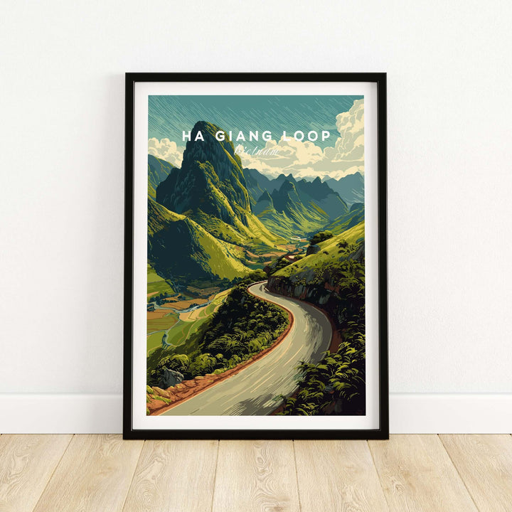 Ha Giang Loop Vietnam travel poster featuring winding road and lush mountains, ideal for landscape wall art.