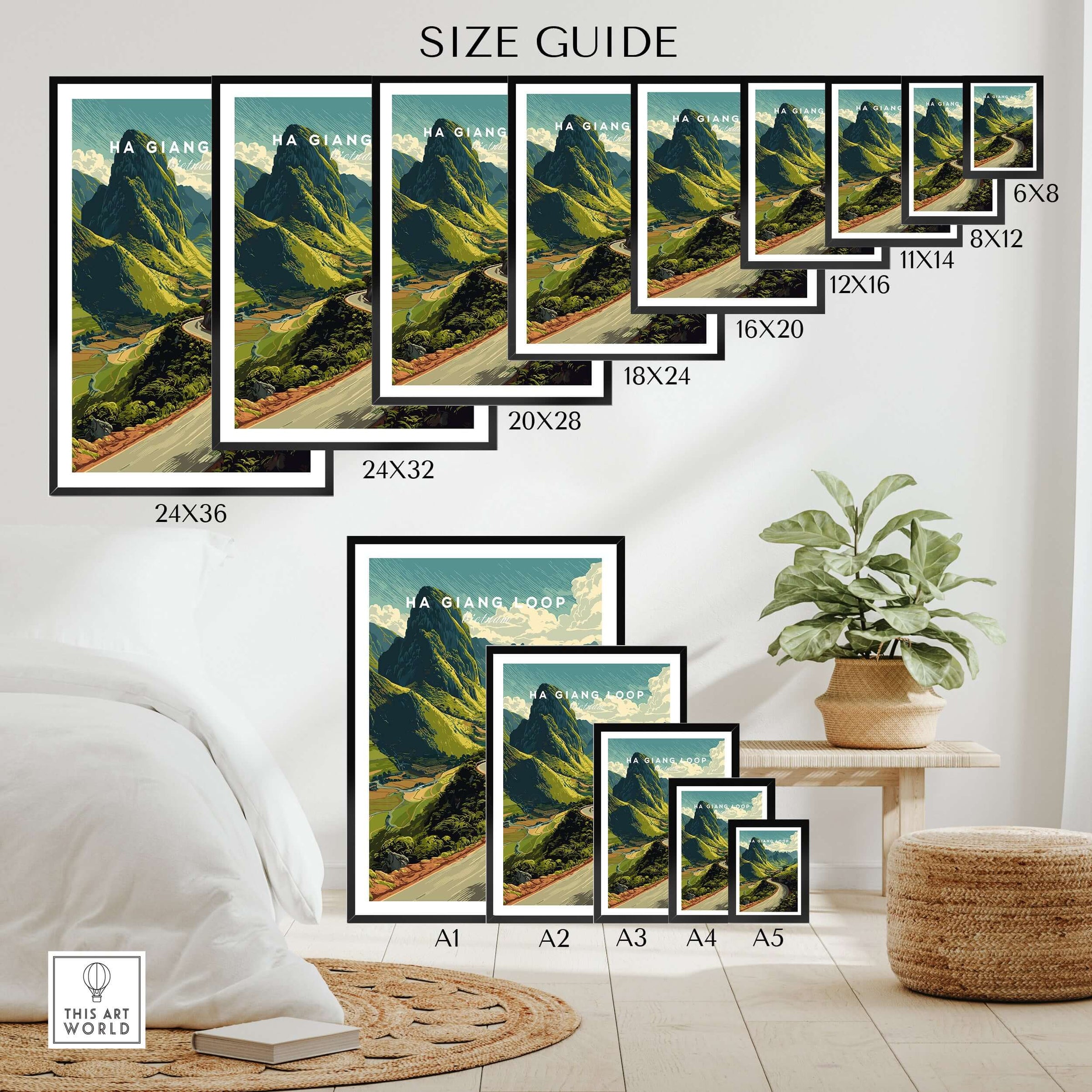 Ha Giang Loop Vietnam Mountain Road Travel Poster Print Landscape Wall Art Size Guide with various frame options.