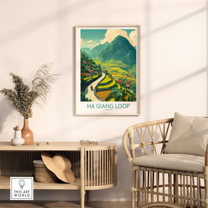 Ha Giang Loop travel poster featuring mountains, rice paddies, and a motorcyclist in vibrant colors.