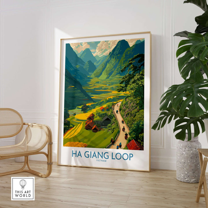 Ha Giang Loop poster showcasing a vibrant valley, motorbikes, and mountains, perfect for travel wall art.